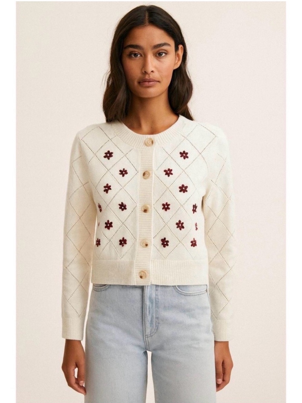WILLOW & WIND Cream Cropped Cardigan with Burgundy Floral Embroidery SMALL NWT